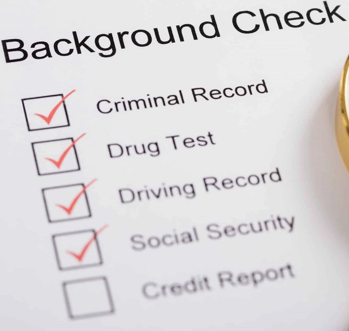 Background check checklist: criminal record, drug test, driving record, social security