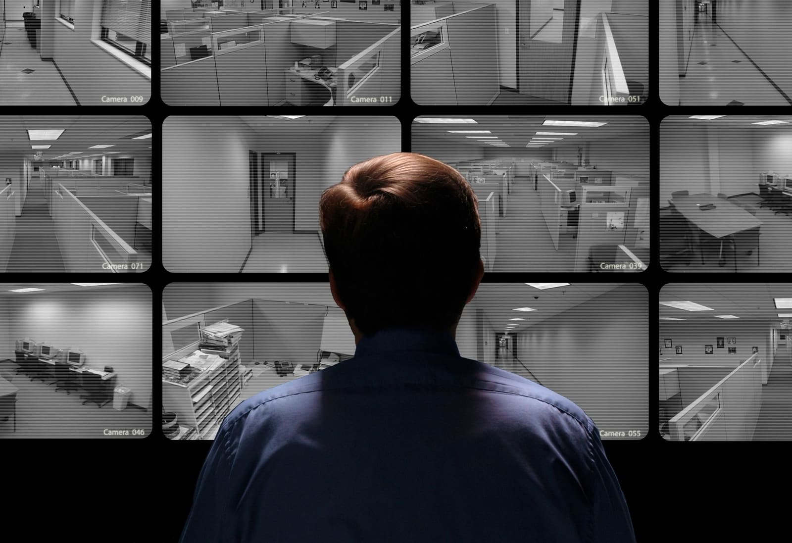 Security officer watching a wall of camera monitors